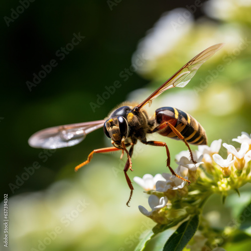 lifestyle photo closeup potter wasp flying in garden