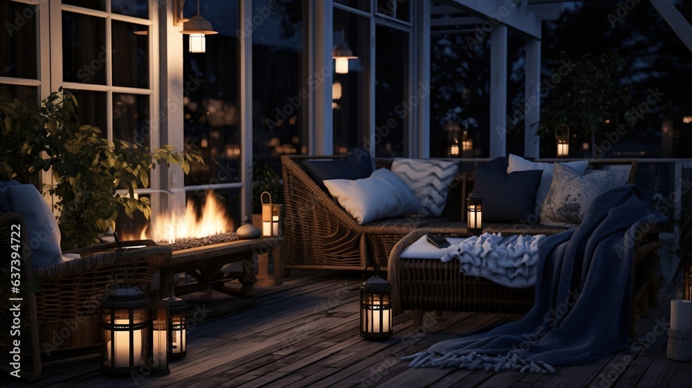 Generative AI, Cozy balcony in the evenind with lantern, garland and candles. Soft sofas and chairs for relax. bohemian ideas