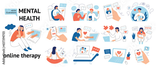 Online psychotherapy set, digital mental health , hand drawn set of vector illustrations with people using apps and therapy services, video consultations with psychologist, technology for self care