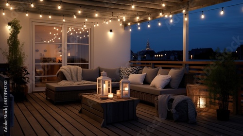 Generative AI, Cozy balcony in the evenind with lantern, garland and candles. Soft sofas and chairs for relax. bohemian ideas photo