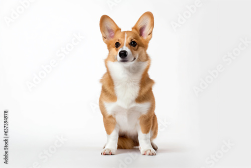 a dog sitting on a white surface looking at the camera