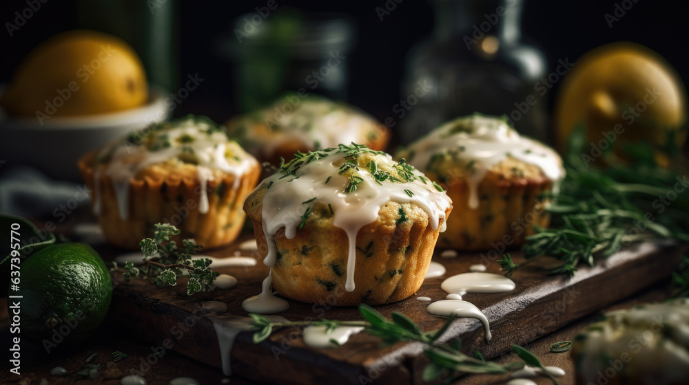 Lemon zucchini muffins with thyme and cream cheese glaze.