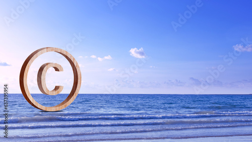 Copyright concept, author rights and patented intellectual property, Copyright Symbol Protection Sign on sea beach background. Register Trademark and Logo