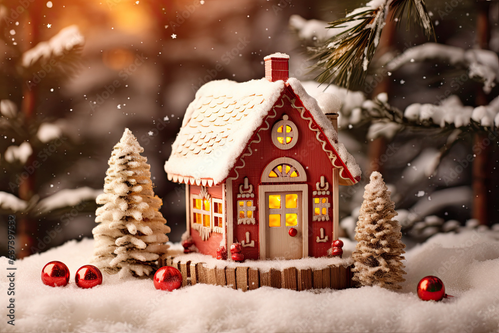 A small wooden snowy cottage ornament nestled in a snowy landscape.