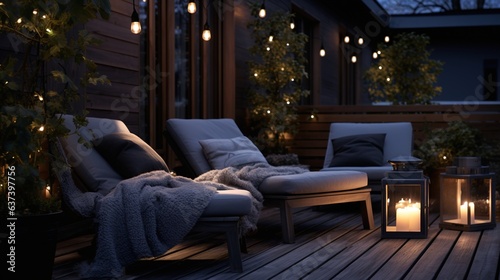 Generative AI, Cozy balcony in the evenind with lantern, garland and candles. Soft sofas and chairs for relax. bohemian ideas photo