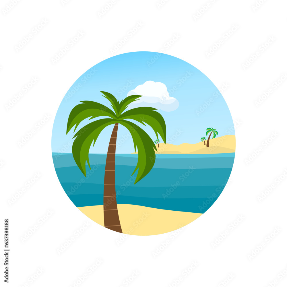 Beautiful landscape in circle shape with palm tree, sea, blue sky and clouds. Flat illustration of Beach vacation isolated. Colorful colorful design and view of a beach holiday on a round shape.Vector