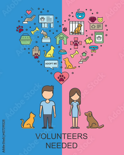 Volunteers needed for animal vector illustration. Animal shelter on isolated background. Adopt a pet sign concept.