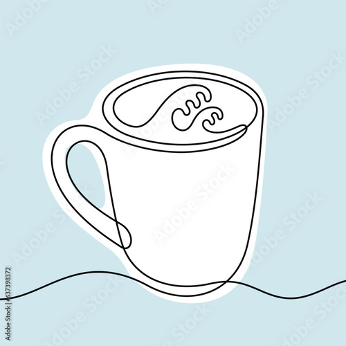 Coffee cup with abstract waves continuous line colourful vector illustration