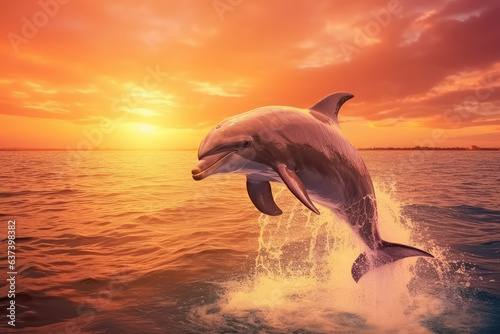 Bottlenose dolphin jump over ocean with beautiful sunset background