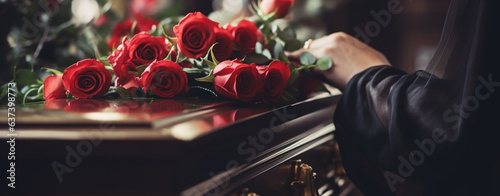 woman put roses on the lid of the coffin close-up, legal AI