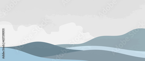 Minimal vector abstract landscape with clouds. Mountain background with watercolor texture in blue tones. Vector design for prints, posters, covers, wall art and home decoration.