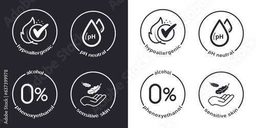 Set of vector illustration icons for personal care hygiene product packaging design on dark and light background, sensitive skin, ph neutral, hypoallergenic, alcohol-free