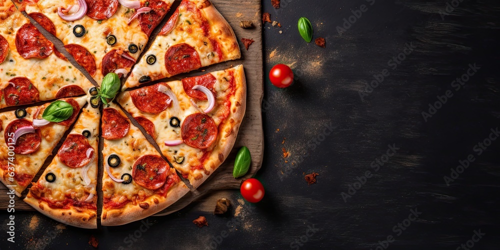 Top view of freshly delicious homemade pizza with cheese and tomato on rustic wooden table Italian restaurant delicacy Top view of freshly delicious homemade pizza with cheese and tomato on rustic wooden table Italian restaurant delicacy