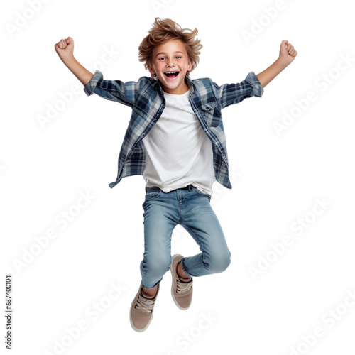 Young Child Celebrating, Isolated in Transparent PNG – Full-Length Studio Portrait of a Jumping, Laughing, and Joyful Kid Against a White Background photo