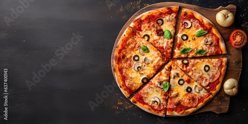 Top view of freshly delicious homemade pizza with cheese and tomato on rustic wooden table Italian restaurant delicacy