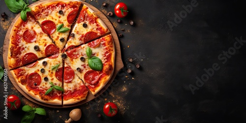 Top view of freshly delicious homemade pizza with cheese and tomato on rustic wooden table Italian restaurant delicacy