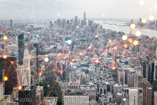 Aerial panoramic city view of Lower Manhattan, Midtown, Downtown, Financial district, West Side at day time, NYC, USA. Social media hologram. Concept of networking and establishing new connections