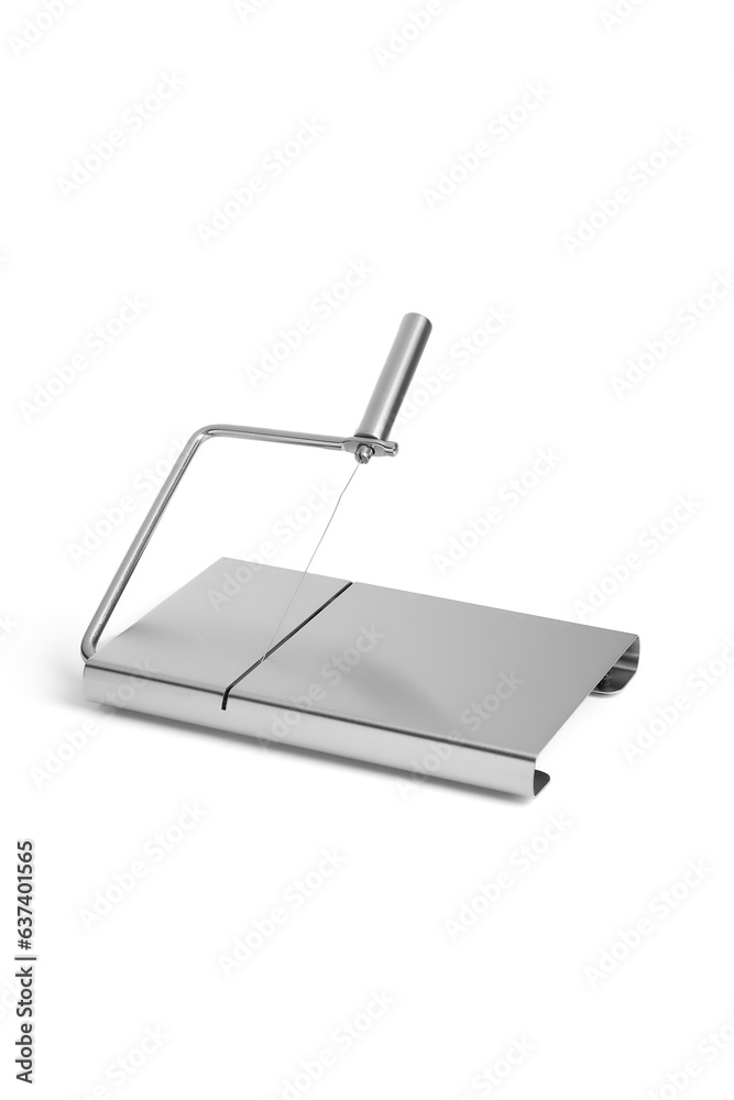 Close-up shot of a stainless steel cheese slicer. Wire hand kitchen cheese, sausage, vegetables slicer cutter is isolated on a white background. Front view. Close-up shot of a stainless steel cheese slicer. Wire hand kitchen cheese, sausage, vegetables slicer cutter is isolated on a white background. Front view.