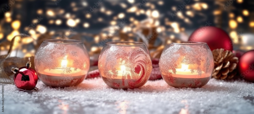 Fototapeta premium Christmas Decorations With Colorful Candles On A Snowy Background. Focus Stacking Bright Light AI Generative