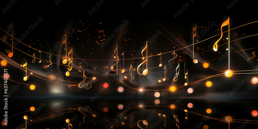 music background with musical notes on black background - obrazy, fototapety, plakaty 
