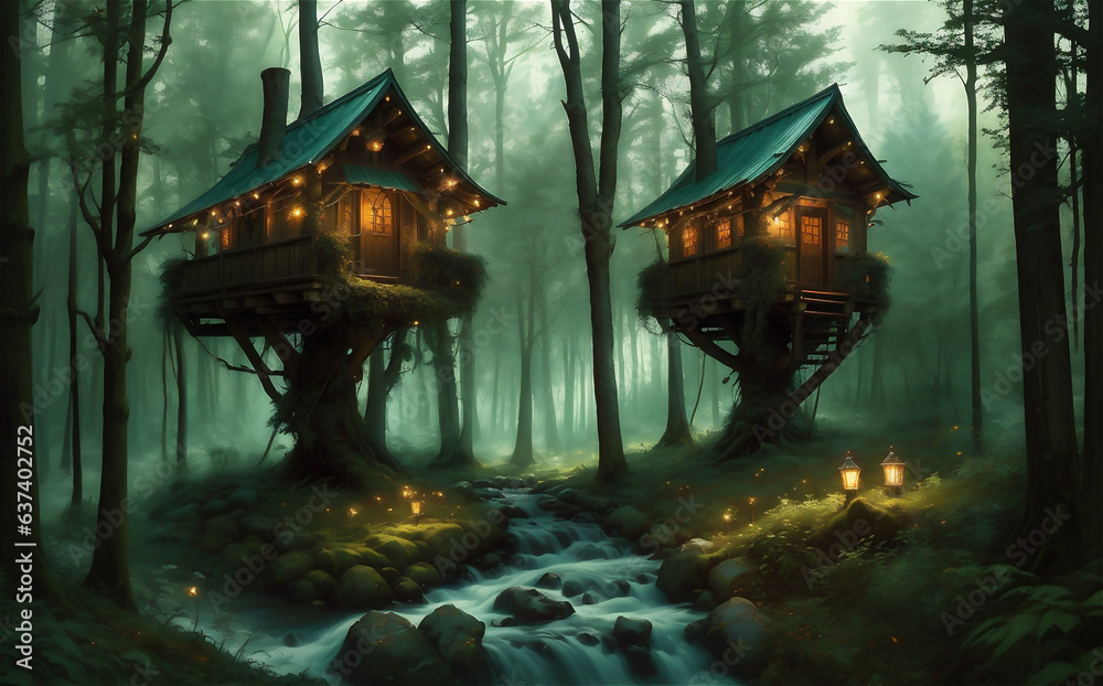 Artistic concept painting of a beautiful tree house, background illustration. Mysterious house in the forest, fairy tale.