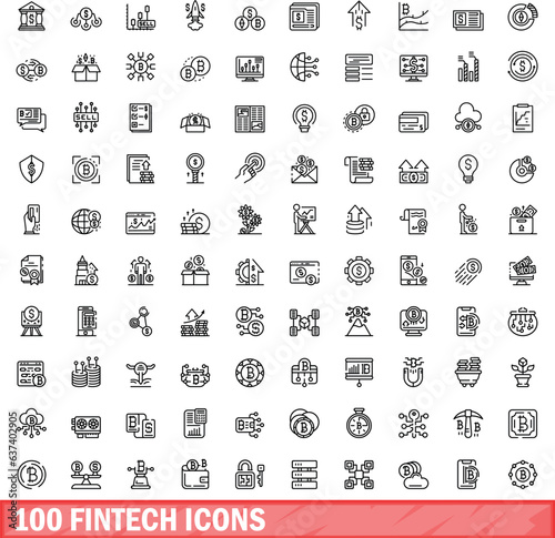 100 fintech icons set. Outline illustration of 100 fintech icons vector set isolated on white background