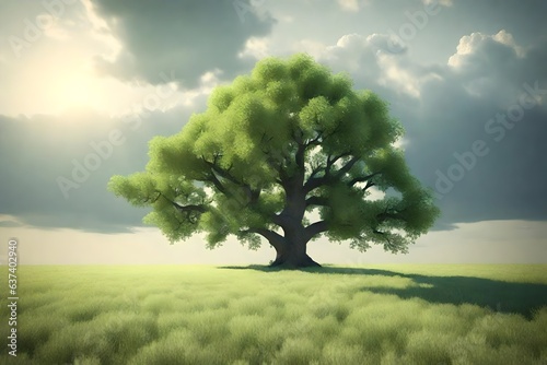 A lonely green oak tree in the field