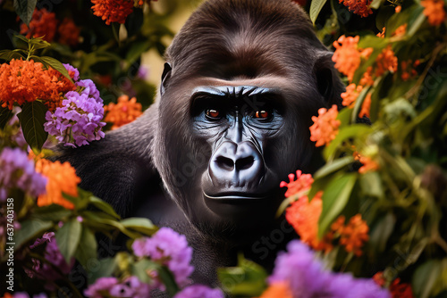 gorilla with flowers on background