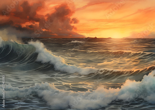 Late summer sunset on a rough sea  Restless waves  Cloudy sky  Sunset above the horizon  The reflection of the sun's rays on the sea Aspect ratio 16:9  Resolution 5824x3264 © EyeOfArtist