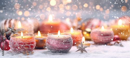 Christmas Decorations With Colorful Candles On A Snowy Background. Focus Stacking Bright Light AI Generative
