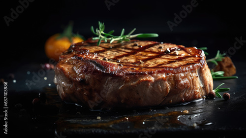 Juicy grilled veal steak. On a dark background. Meat and spices.
