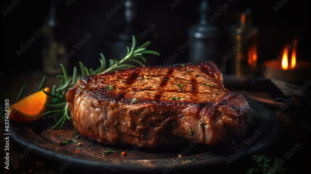 Juicy grilled veal steak. On a dark background. Meat and spices.