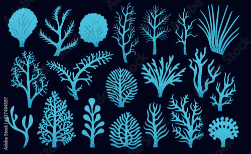 Abstract trendy seaweed, shape aesthetic silhouette. Set of blue elements isolated on black background. Vector Illustration.