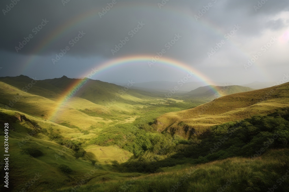 Two vibrant rainbows spanning across a picturesque green valley