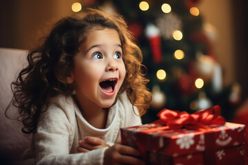 Happy latina little girl with christmas gift at home with background of christmas tree