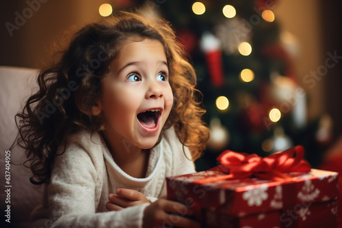 Happy latina little girl with christmas gift at home with background of christmas tree