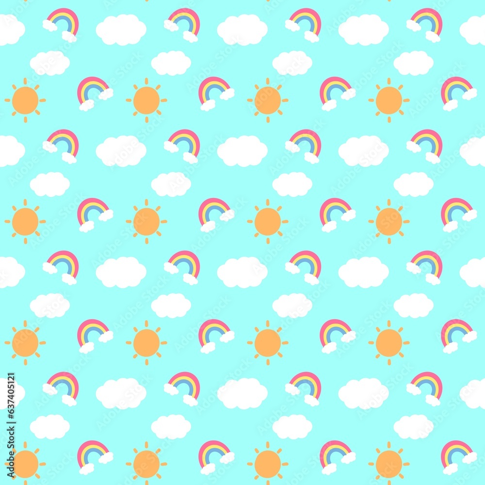 seamless pattern with cloud, rainbow, sun on blue background 