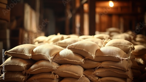 Generative AI, Stack hemp sacks of rice or coffee, industrial storage