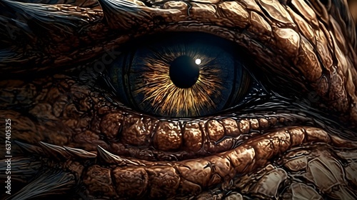 Eye of the fire dragon. The Devil s Gaze. Fantasy creature. Fantasy dragon eye. Ancient reptile. Mythological evil. Dangerous creature. Mythological evil. Close-up. Detailed illustration. 3D rendering photo