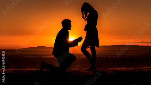 Silhouette of a man kneeling proposing to a girl against a sunset background.