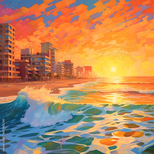 Late summer sunset on the city coast; Sunset reflecting on the sea; Sunglint over the ocean; Town ​​during late sunset; Beautiful sky; Restless waves crash into the city's shore;
Resolution 4000x4000 photo