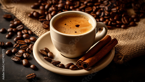 A cup of hot coffee  coffee beans and cinnamon background.