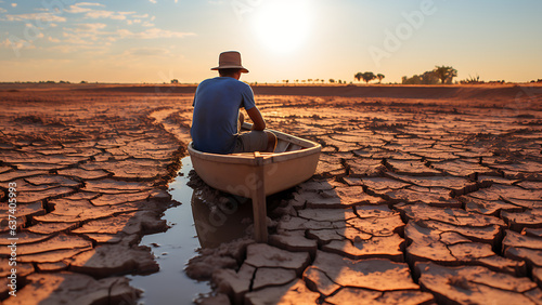 A man on a boat with a dry lake in the background.