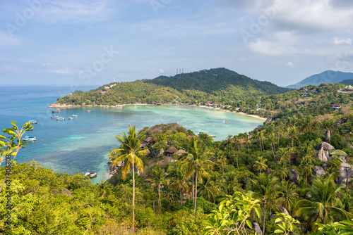 Koh Tao panorama landscape view on sea, Taa Toh Bay beach, Chalok Baan Kao Bay and tropical island from the high John-Suwan Viewpoint