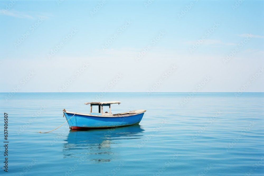 A boat on a blue ocean. Clear blue sky. SUmmer. Sunny weather. Paradise. Holiday, vacation. Rustic fishing boat.