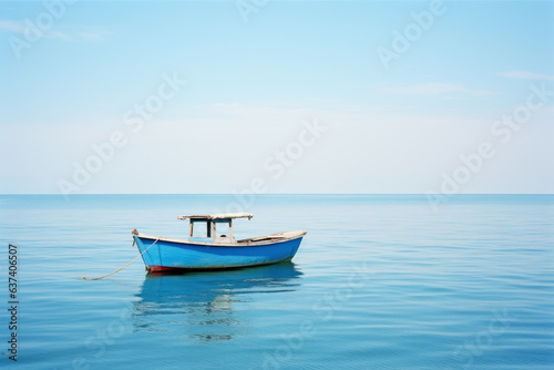A boat on a blue ocean. Clear blue sky. SUmmer. Sunny weather. Paradise. Holiday, vacation. Rustic fishing boat. © Delta Amphule