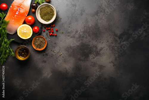 Top view of salmon,herbs and spices on a stone background.Health food, diet concept.Created with Generative AI technology.