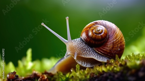 A small snail is standing on top of moss in a green garden, in the style of dark purple and light amber, Generative AI © Kingboy