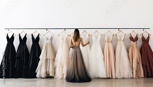 Beautiful young woman choosing a wedding dress in a wedding salon.