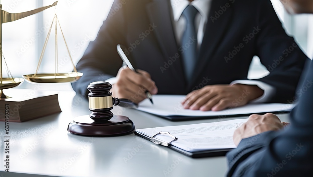 Lawyer or judge working with contract papers in courtroom or law enforcement office.